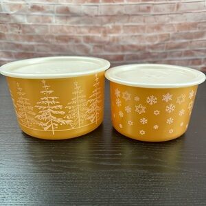2 Tupperware Nesting Canister Bowls Gold #2707A & 2708A Winter Holiday Scene